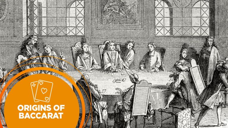 Monochromatic illustration depicting a historical scene of baccarat players.