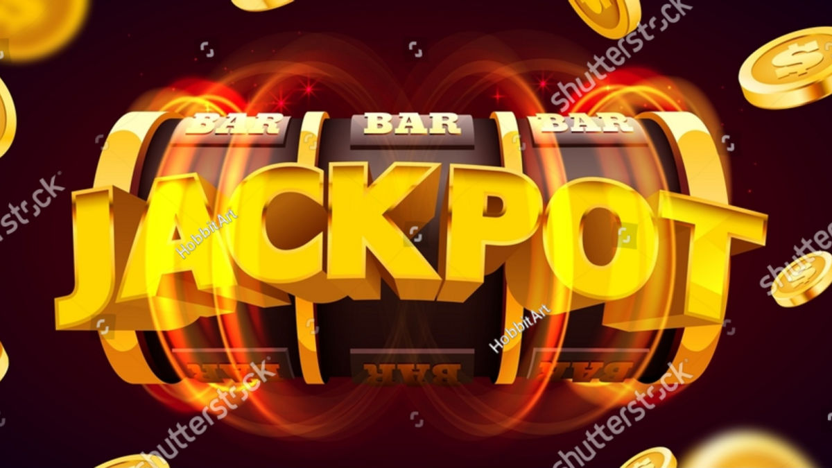 Visualize the word 'Jackpot' in a bright yellow/gold graphic design that captures the essence of winning.